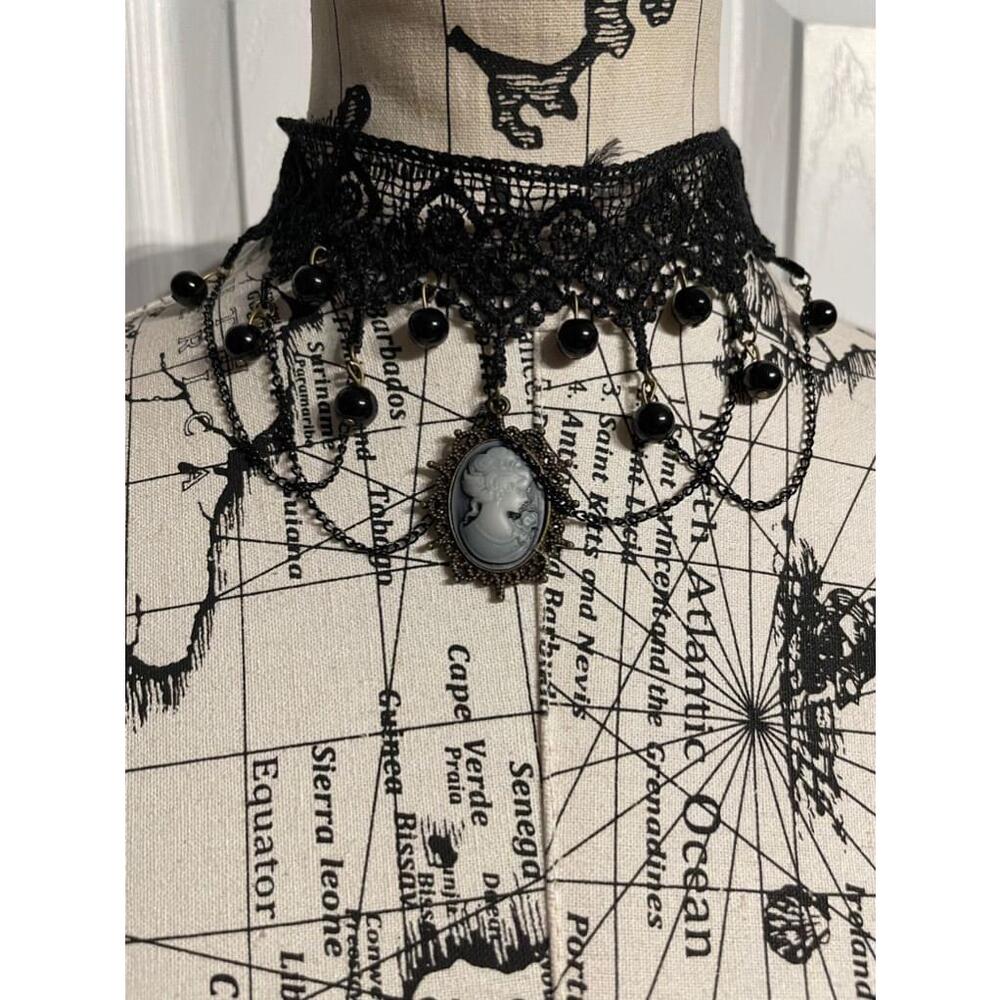 NWT Gothic Victorian Lace Choker Necklace Black Cameo Beads Steampunk Adjustable